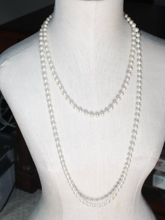None Jewelry - Single Strand Hand Knotted 70" Ivory Faux Pearl Necklace - GUC